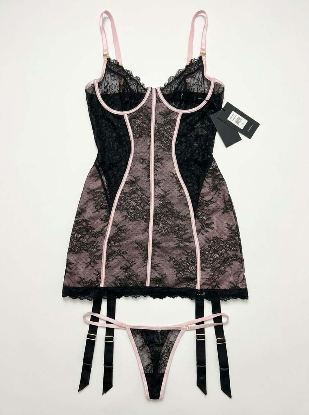 House of Desire Lace Corset Lingerie Chemise Garter Set Black Pink M